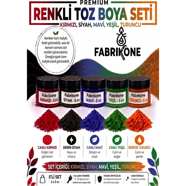 5'li Set Premium Parafin Soya Wax Toz Mum Boyası Hobi Seti - 5 cc (Kırmızı, Siyah, Mavi, Yeşil, Turuncu) BKFAB5KSMYT5G ürün görseli 1