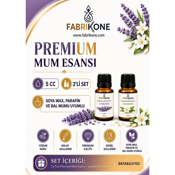 Premium Mum Esansı 5 cc 2'li Set - Lavanta, Yasemin - Soya Wax, Parafin, Jel Wax ve Bal Mumu Uyumlu BKFAB2LVYS5 ürün görseli 1