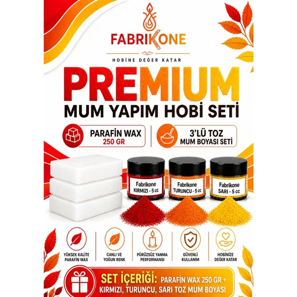 Premium Mum Yapım Hobi Seti - Parafin Wax 250 gr - 3'lü Toz Mum Boyası Seti - Kırmızı, Turuncu, Sarı BKFABPW2503KTSR ürün görseli 1