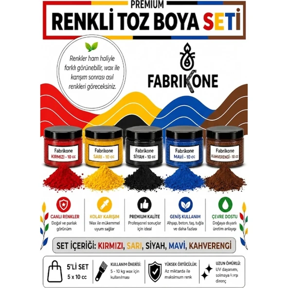 Toz Mum Boyası Seti 10 cc 5'li – Soya & Parafin Wax Için – Kırmızı, Sarı, Siyah, Mavi, Kahverengi BKFAB5KSRSMKH10G ürün görseli 1