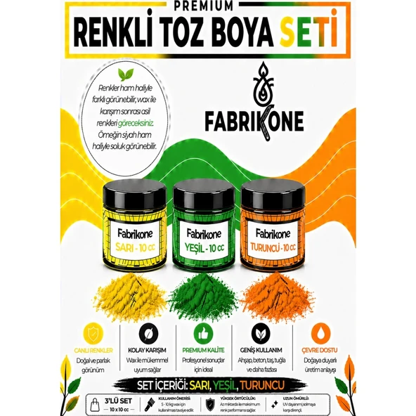 3'lü Set Premium Parafin Soya Wax Toz Mum Boyası Hobi Seti - 10 cc (Sarı, Yeşil, Turuncu) BKFAB3SRYT10G ürün görseli 1