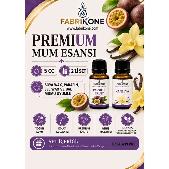 Premium Mum Esansı 5 cc 2'li Set - Passion Fruit, Vanilya - Soya Wax, Parafin, Jel Wax ve Bal Mumu Uyumlu BKFAB2PFVN5 ürün görseli 1