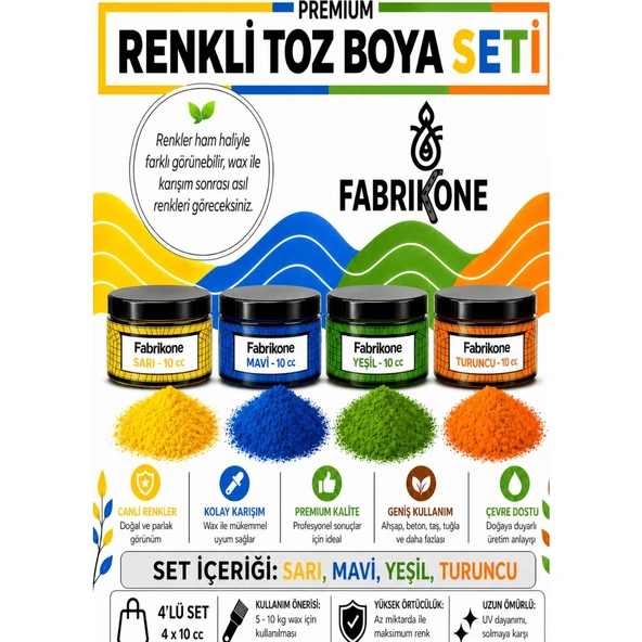 Toz Mum Boyası Seti 10 cc 4’lü – Soya & Parafin Wax Için – Sarı, Mavi, Yeşil, Turuncu BKFAB4SRMYT10G ürün görseli 1