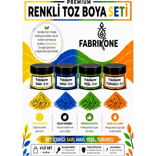 4'lü Set Premium Parafin Soya Wax Toz Mum Boyası Hobi Seti - 5 cc (Sarı, Mavi, Yeşil, Turuncu) BKFAB4SRMYT5G ürün görseli 1
