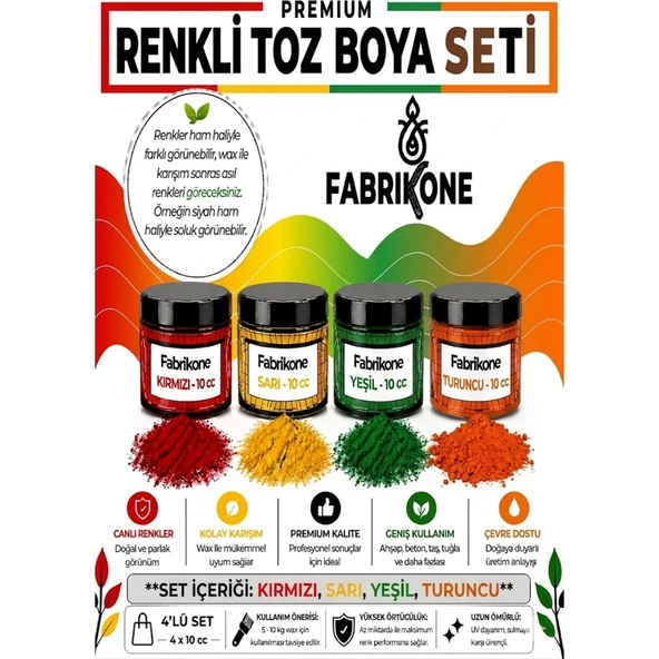 Toz Mum Boyası Seti 10 cc 4’lü – Soya & Parafin Wax Için – Kırmızı, Sarı, Yeşil, Turuncu BKFAB4KSRYT10G ürün görseli 1
