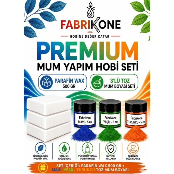 Premium Mum Yapım Hobi Seti - Parafin Wax 500 gr - 3'lü Toz Mum Boyası Seti - Mavi, Yeşil, Turuncu BKFABPW5003MYT ürün görseli 1