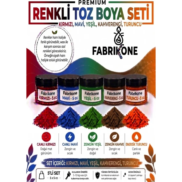 5'li Set Premium Parafin Soya Wax Toz Mum Boyası Hobi Seti - 5 cc (Kırmızı, Mavi, Yeşil, Kahverengi, Turuncu) BKFAB5KMYKHT5G ürün görseli 1