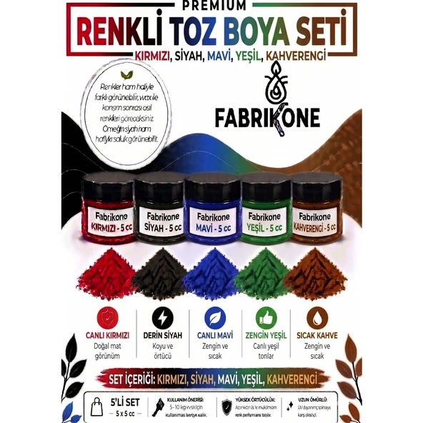 5'li Set Premium Parafin Soya Wax Toz Mum Boyası Hobi Seti - 5 cc (Kırmızı, Siyah, Mavi, Yeşil, Kahverengi) BKFAB5KSMYKH5G ürün görseli 1