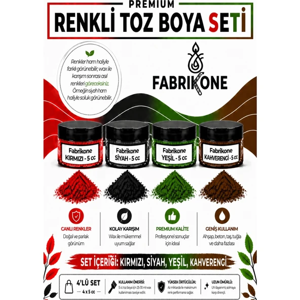 4'lü Set Premium Parafin Soya Wax Toz Mum Boyası Hobi Seti - 5 cc (Kırmızı, Siyah, Yeşil, Kahverengi) BKFAB4KSYKH5G ürün görseli 1