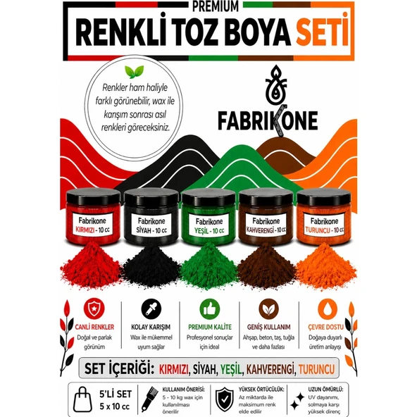 Toz Mum Boyası Seti 10 cc 5'li – Soya & Parafin Wax Için – Kırmızı, Siyah, Yeşil, Kahverengi, Turuncu BKFAB5KSYKHT10G ürün görseli 1