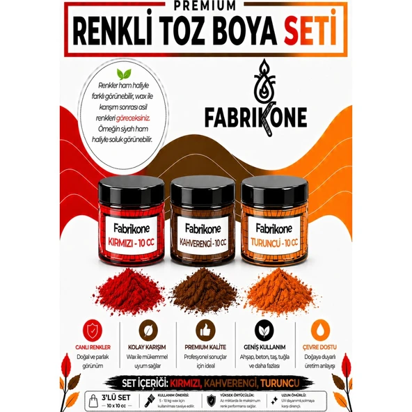3'lü Set Premium Parafin Soya Wax Toz Mum Boyası Hobi Seti - 10 cc (Kırmızı, Kahverengi, Turuncu) BKFAB3KKHT10G ürün görseli 1