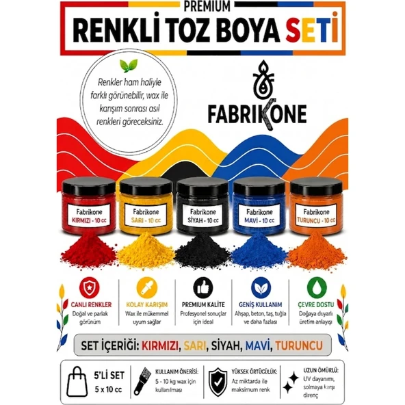 Toz Mum Boyası Seti 10 cc 5'li – Soya & Parafin Wax Için – Kırmızı, Sarı, Siyah, Mavi, Turuncu BKFAB5KSRSMT10G ürün görseli 1
