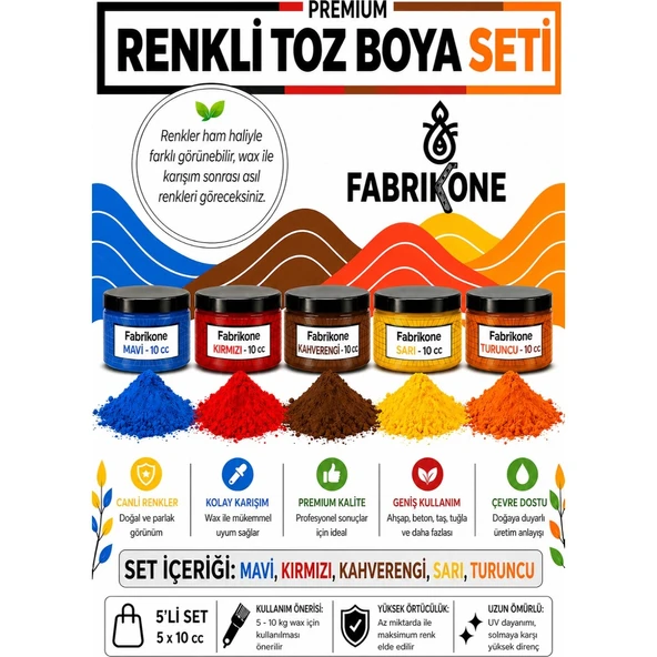 Toz Mum Boyası Seti 10 cc 5'li – Soya & Parafin Wax Için – Kırmızı, Sarı, Mavi, Kahverengi, Turuncu BKFAB5KSRMKHT10G ürün görseli 1
