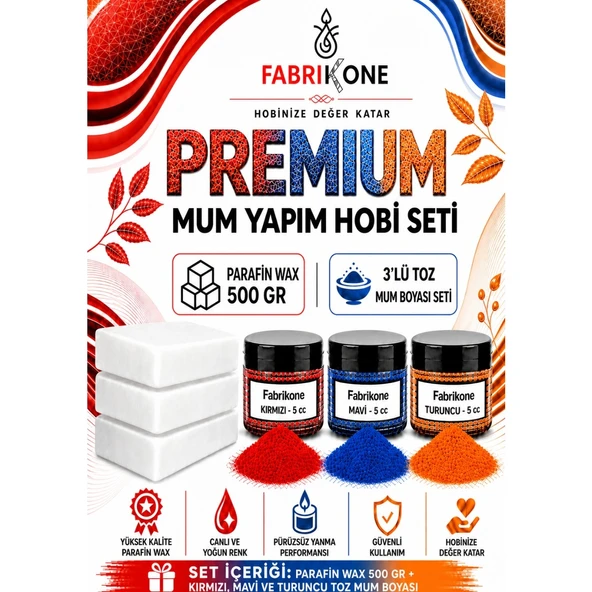 Premium Mum Yapım Hobi Seti - Parafin Wax 500 gr - 3'lü Toz Mum Boyası Seti - Kırmızı, Mavi, Turuncu BKFABPW5003KMT ürün görseli 1
