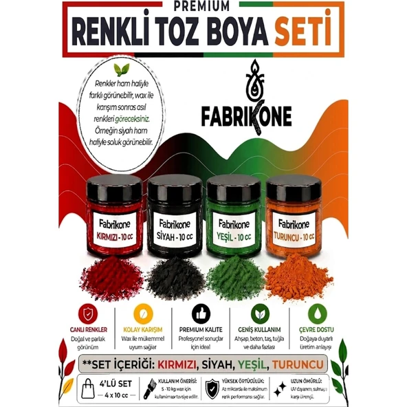 Toz Mum Boyası Seti 10 cc 4’lü – Soya & Parafin Wax Için – Kırmızı, Siyah, Yeşil, Turuncu BKFAB4KSYT10G ürün görseli 1
