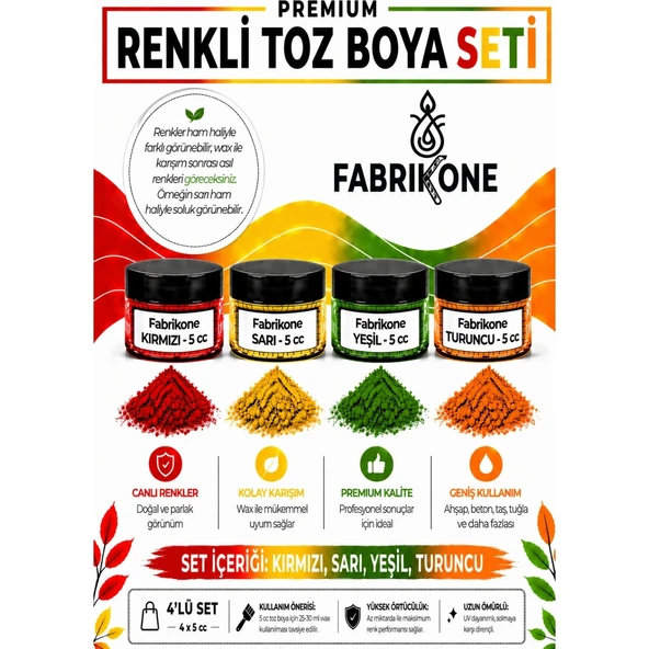 4'lü Set Premium Parafin Soya Wax Toz Mum Boyası Hobi Seti - 5 cc (Kırmızı, Sarı, Yeşil, Turuncu) BKFAB4KSRYT5G ürün görseli 1