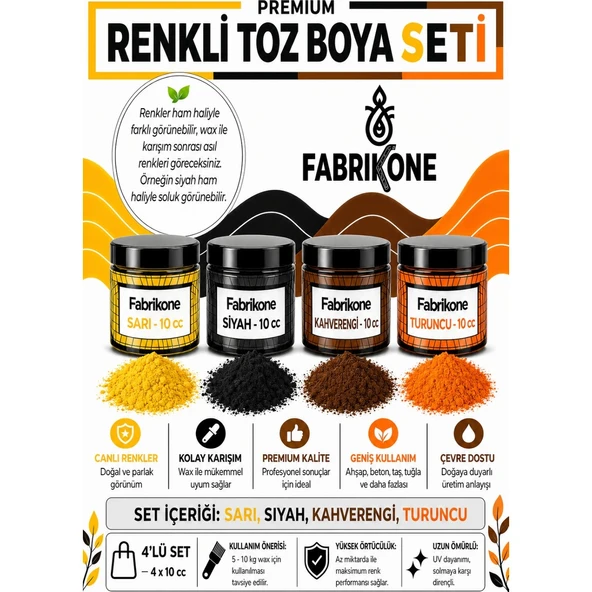Toz Mum Boyası Seti 10 cc 4’lü – Soya & Parafin Wax Için – Sarı, Siyah, Kahverengi, Turuncu BKFAB4SRSKHT10G ürün görseli 1