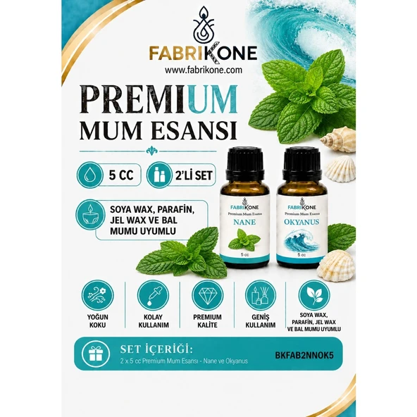 Premium Mum Esansı 5 cc 2'li Set - Nane, Okyanus - Soya Wax, Parafin, Jel Wax ve Bal Mumu Uyumlu BKFAB2NNOK5 ürün görseli 1