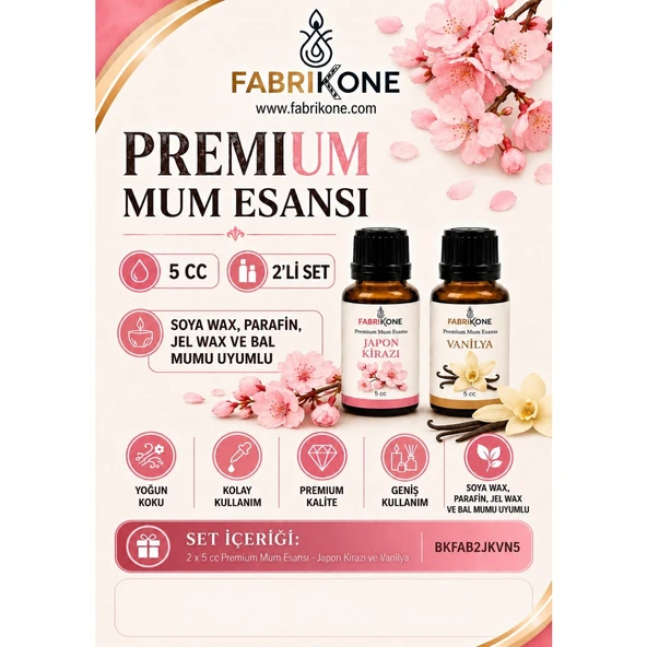 Premium Mum Esansı 5 cc 2'li Set - Japon Kirazı, Vanilya - Soya Wax, Parafin, Jel Wax ve Bal Mumu Uyumlu BKFAB2JKVN5 ürün görseli 1