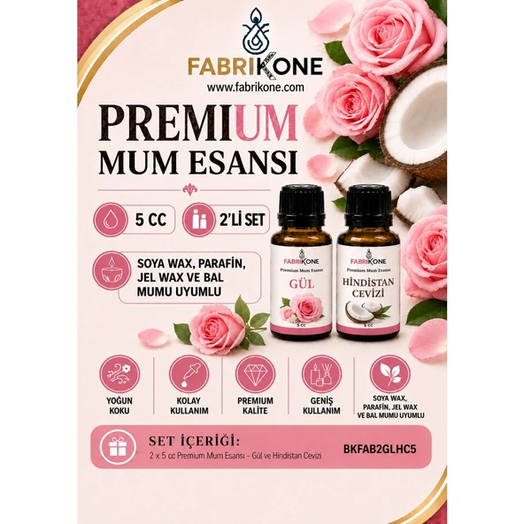 Premium Mum Esansı 5 cc 2'li Set - Gül, Hindistan Cevizi - Soya Wax, Parafin, Jel Wax ve Bal Mumu Uyumlu BKFAB2GLHC5 ürün görseli 1