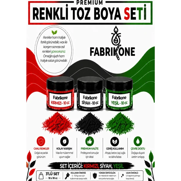3'lü Set Premium Parafin Soya Wax Toz Mum Boyası Hobi Seti - 10 cc (Kırmızı, Siyah, Yeşil) BKFAB3KSY10G ürün görseli 1