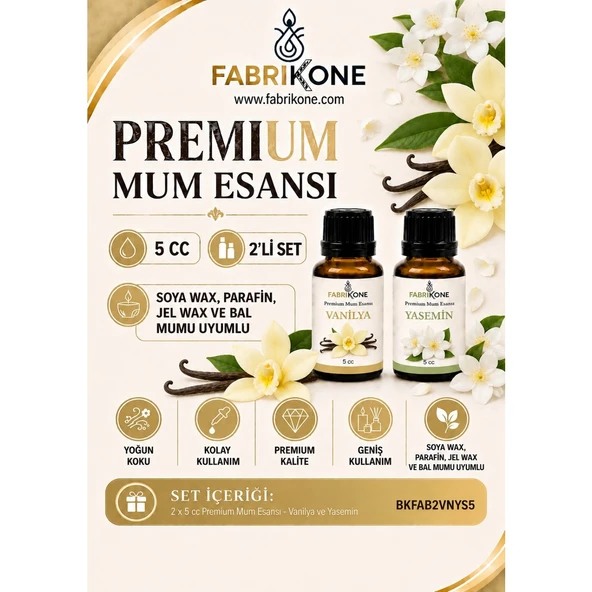 Premium Mum Esansı 5 cc 2'li Set - Vanilya, Yasemin - Soya Wax, Parafin, Jel Wax ve Bal Mumu Uyumlu BKFAB2VNYS5 ürün görseli 1