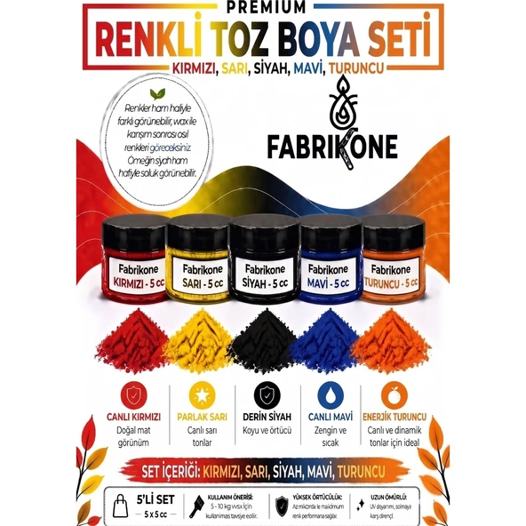 5'li Set Premium Parafin Soya Wax Toz Mum Boyası Hobi Seti - 5 cc (Kırmızı, Sarı, Siyah, Mavi, Turuncu) BKFAB5KSRSMT5G ürün görseli 1