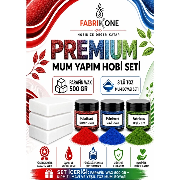 Premium Mum Yapım Hobi Seti - Parafin Wax 500 gr - 3'lü Toz Mum Boyası Seti - Kırmızı, Mavi, Yeşil BKFABPW5003KMY ürün görseli 1