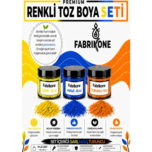 3'lü Set Premium Parafin Soya Wax Toz Mum Boyası Hobi Seti - 10 cc (Sarı, Mavi, Turuncu) BKFAB3SRMT10G ürün görseli 1