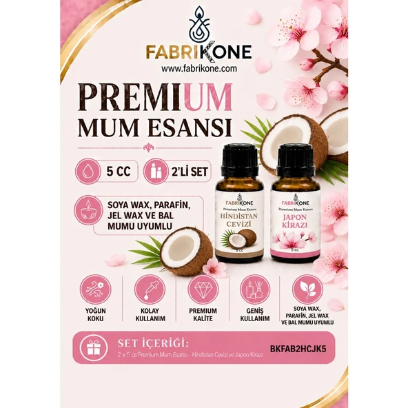 Premium Mum Esansı 5 cc 2'li Set - Hindistan Cevizi, Japon Kirazı - Soya Wax, Parafin, Jel Wax ve Bal Mumu Uyumlu BKFAB2HCJK5 ürün görseli 1