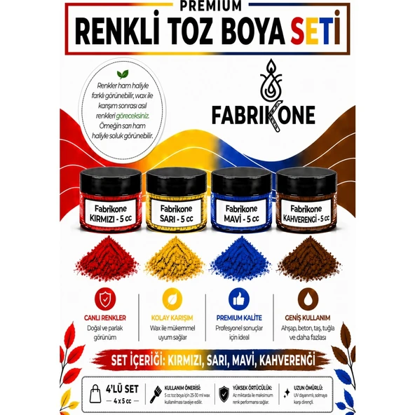 4'lü Set Premium Parafin Soya Wax Toz Mum Boyası Hobi Seti - 5 cc (Kırmızı, Sarı, Mavi, Kahverengi) BKFAB4KSRMKH5G ürün görseli 1