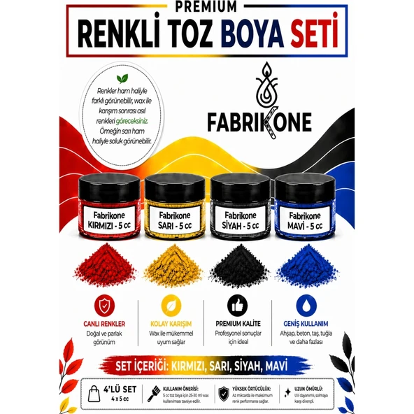 4'lü Set Premium Parafin Soya Wax Toz Mum Boyası Hobi Seti - 5 cc (Kırmızı, Sarı, Siyah, Mavi) BKFAB4KSRSM5G ürün görseli 1