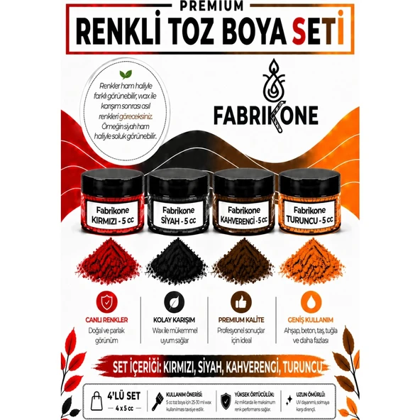 4'lü Set Premium Parafin Soya Wax Toz Mum Boyası Hobi Seti - 5 cc (Kırmızı, Siyah, Kahverengi, Turuncu) BKFAB4KSKHT5G ürün görseli 1