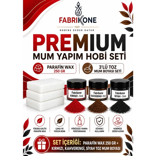 Premium Mum Yapım Hobi Seti - Parafin Wax 250 gr - 3'lü Toz Mum Boyası Seti - Kırmızı, Kahverengi, Siyah BKFABPW2503KKHS ürün görseli 1