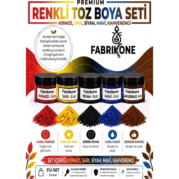 5'li Set Premium Parafin Soya Wax Toz Mum Boyası Hobi Seti - 5 cc (Kırmızı, Sarı, Siyah, Mavi, Kahverengi) BKFAB5KSRSMKH5G ürün görseli 1