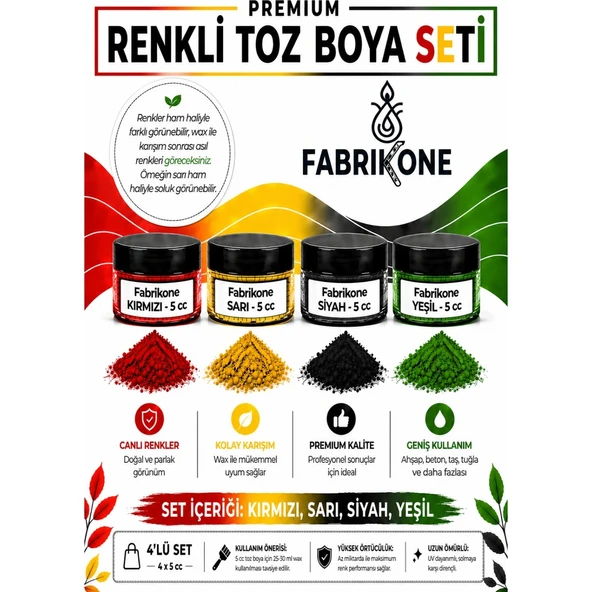 4'lü Set Premium Parafin Soya Wax Toz Mum Boyası Hobi Seti - 5 cc (Kırmızı, Sarı, Siyah, Yeşil) BKFAB4KSRSY5G ürün görseli 1