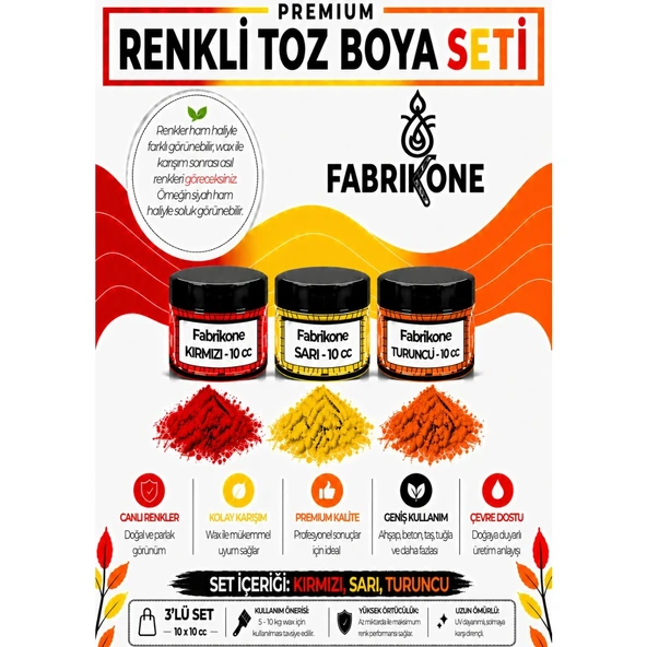 3'lü Set Premium Parafin Soya Wax Toz Mum Boyası Hobi Seti - 10 cc (Kırmızı, Sarı, Turuncu) BKFAB3KSRT10G ürün görseli 1