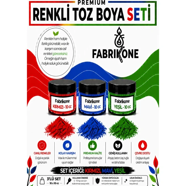 3'lü Set Premium Parafin Soya Wax Toz Mum Boyası Hobi Seti - 10 cc (Kırmızı, Mavi, Yeşil) BKFAB3KMY10G ürün görseli 1