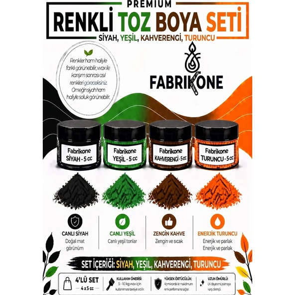 4'lü Set Premium Parafin Soya Wax Toz Mum Boyası Hobi Seti - 5 cc (Siyah, Yeşil, Kahverengi, Turuncu) BKFAB4SYKHT5G ürün görseli 1