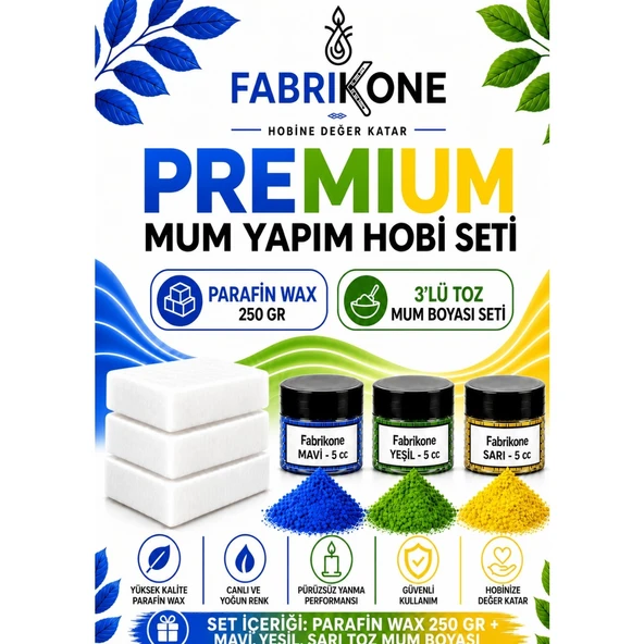Premium Mum Yapım Hobi Seti - Parafin Wax 250 gr - 3'lü Toz Mum Boyası Seti - Mavi, Yeşil, Sarı BKFABPW2503MYSR ürün görseli 1