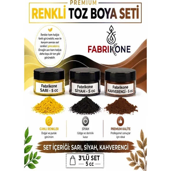 3'lü Set Premium Parafin Soya Wax Toz Mum Boyası Hobi Seti - 5 cc (Sarı, Siyah, Kahverengi) BKFAB3SRSKH5G ürün görseli 1