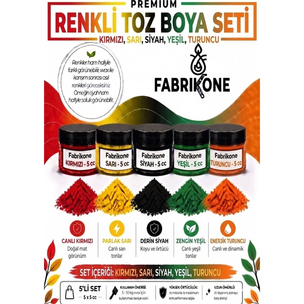 5'li Set Premium Parafin Soya Wax Toz Mum Boyası Hobi Seti - 5 cc (Kırmızı, Sarı, Siyah, Yeşil, Turuncu) BKFAB5KSRSYT5G ürün görseli 1