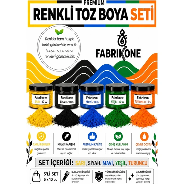 Toz Mum Boyası Seti 10 cc 5'li – Soya & Parafin Wax Için – Sarı, Siyah, Mavi, Yeşil, Turuncu BKFAB5SRSMYT10G ürün görseli 1