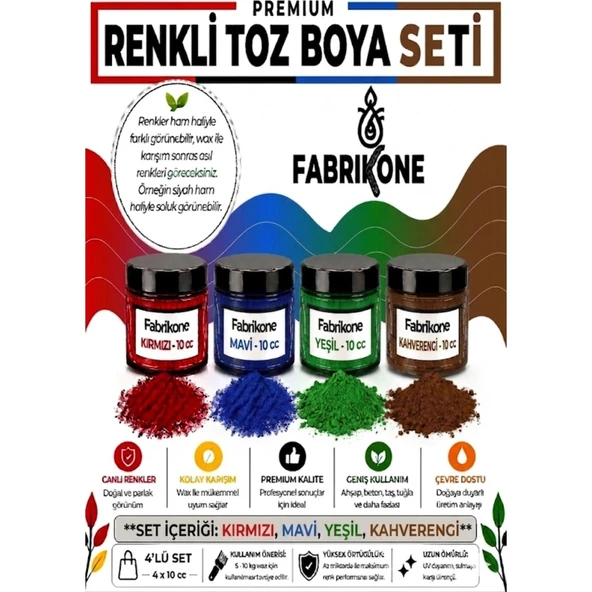 Toz Mum Boyası Seti 10 cc 4’lü – Soya & Parafin Wax Için – Kırmızı, Mavi, Yeşil, Kahverengi BKFAB4KMYKH10G ürün görseli 1