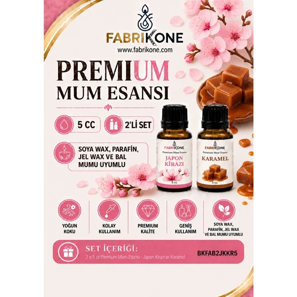 Premium Mum Esansı 5 cc 2'li Set - Japon Kirazı, Karamel - Soya Wax, Parafin, Jel Wax ve Bal Mumu Uyumlu BKFAB2JKKR5 ürün görseli 1