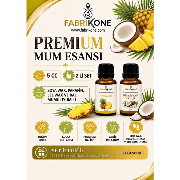 Premium Mum Esansı 5 cc 2'li Set - Ananas, Hindistan Cevizi - Soya Wax, Parafin, Jel Wax ve Bal Mumu Uyumlu BKFAB2ANHC5 ürün görseli 1