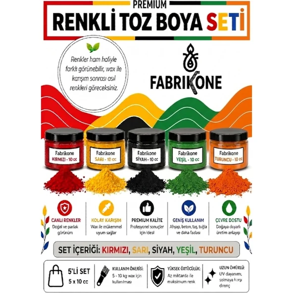 Toz Mum Boyası Seti 10 cc 5'li – Soya & Parafin Wax Için – Kırmızı, Sarı, Siyah, Yeşil, Turuncu BKFAB5KSRSYT10G ürün görseli 1