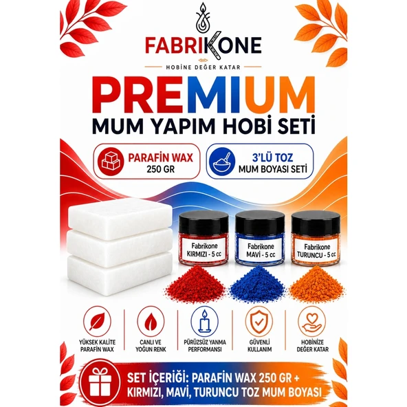 Premium Mum Yapım Hobi Seti - Parafin Wax 250 gr - 3'lü Toz Mum Boyası Seti - Kırmızı, Mavi, Turuncu BKFABPW2503KMT ürün görseli 1