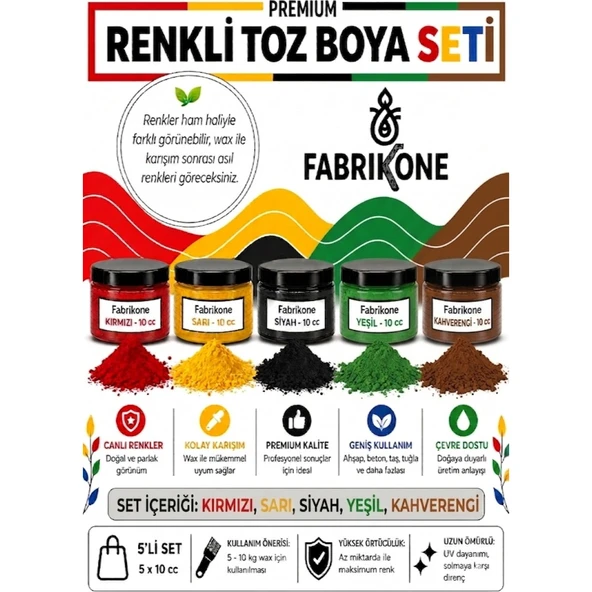 Toz Mum Boyası Seti 10 cc 5'li – Soya & Parafin Wax Için – Kırmızı, Sarı, Siyah, Yeşil, Kahverengi BKFAB5KSRSYKH10G ürün görseli 1