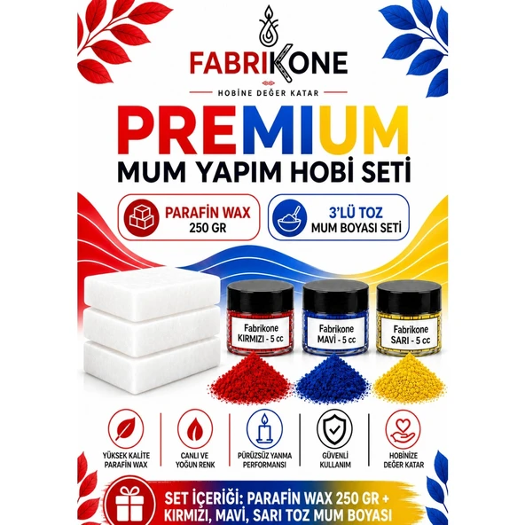Premium Mum Yapım Hobi Seti - Parafin Wax 250 gr - 3'lü Toz Mum Boyası Seti - Kırmızı, Mavi, Sarı BKFABPW2503KMSR ürün görseli 1